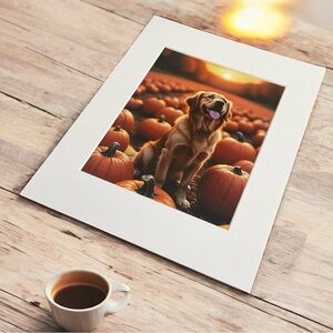 Golden Retriever Dog Photo Print 8x10 Matted to 11x14 Pumpkin Patch Home Decor